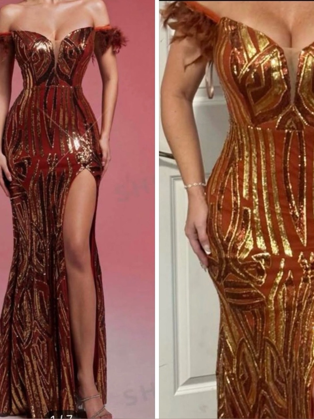 Orange Gold Sequin Off Shoulder Feather Straps Formal Prom Wedding Dress sm 4 36